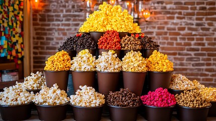 Variety of Colorful Popcorn in Buckets