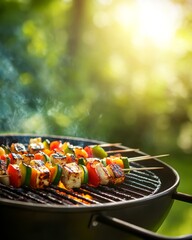 Lively vegetarian barbecue featuring colorful skewers with halloumi or tofu