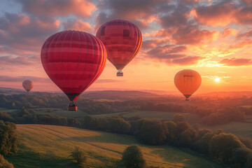 Obraz premium Hot air balloons floating over the countryside at sunrise.