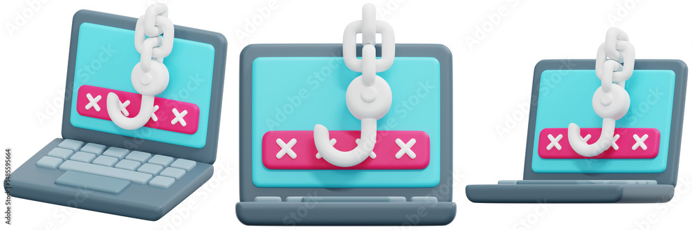Poster set of a laptop with a hook and chain on screen illustrating online security risks 3d render icon il