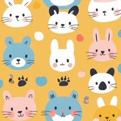 Fototapeta premium Seamless Pattern of Cartoon Bunny Faces with Paw Prints