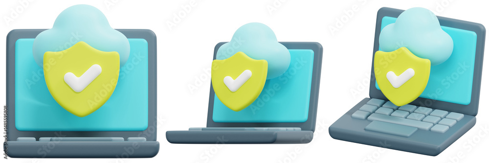 Poster set of laptops with cloud and security shield data protection concept 3d render icon illustration