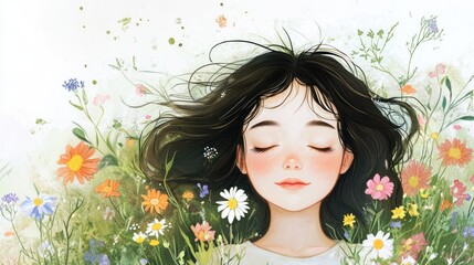 Naklejka premium Serene Dreamscape: A Girl Surrounded by Wildflowers