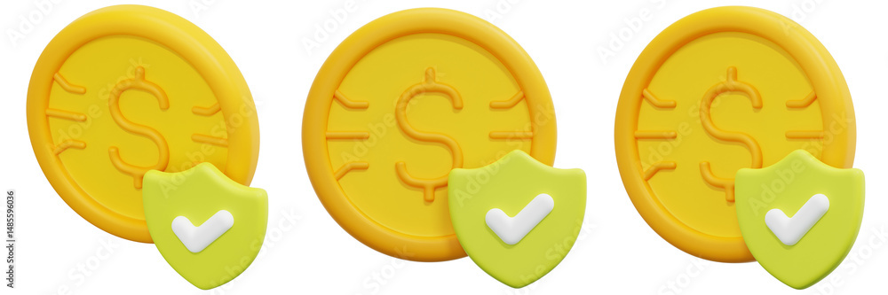 Poster set of 3d golden coins with green security shields and check marks 3d render icon illustration
