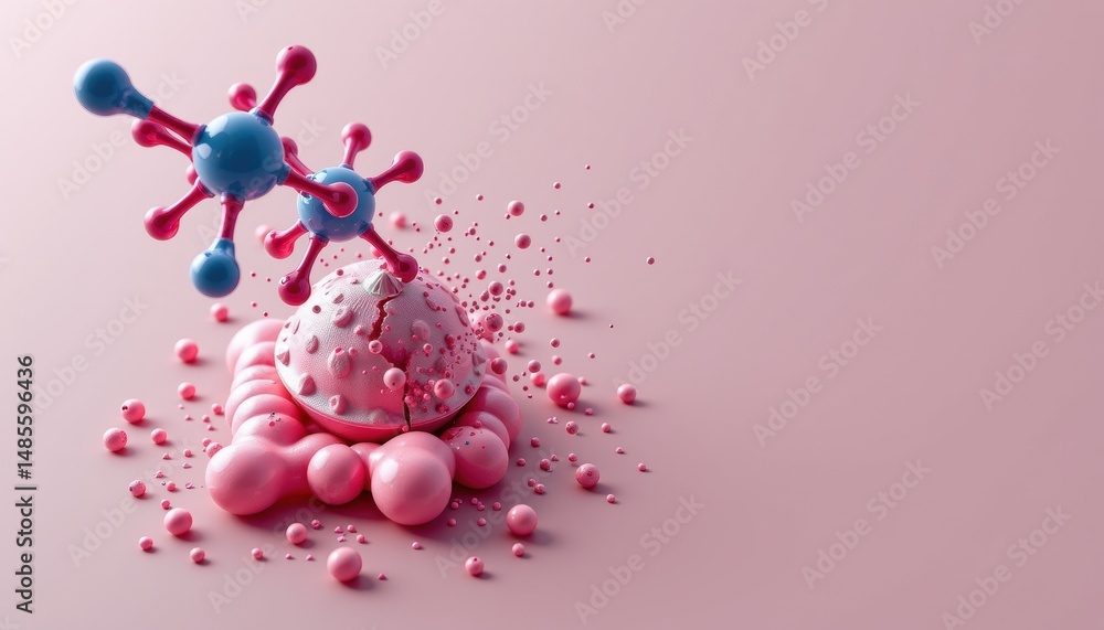 Poster abstract molecular structure with pink background and bubbles.