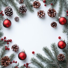 Festive arrangement of pine cones with frosted tips, green fir branches, red berries, and shiny red Christmas baubles framing a white background, evoking holiday cheer