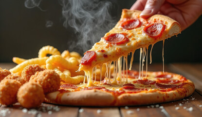 Delicious Pizza Slice with Pepperoni, Mozzarella, and Sides