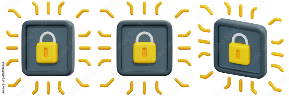 Poster set of 3d yellow padlocks in gray squares with abstract connections 3d render icon illustration