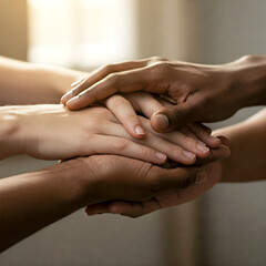 Unity Hands Diverse Ethnicities Together-Close-up of diverse hands joined in unity. Photorealistic texture and emotional lighting convey connection.