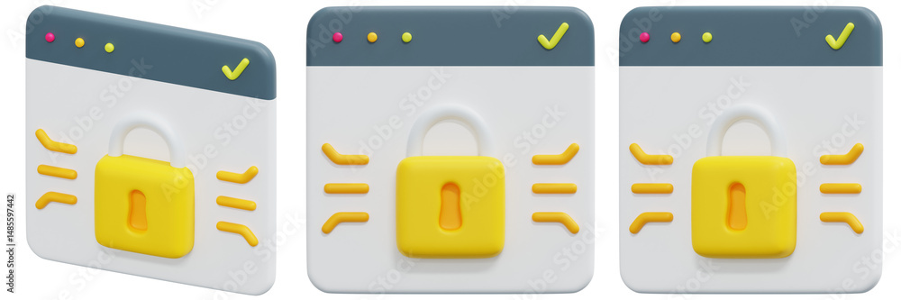 Poster set of 3d renderings of yellow padlock icons on white webpage background representing internet secur