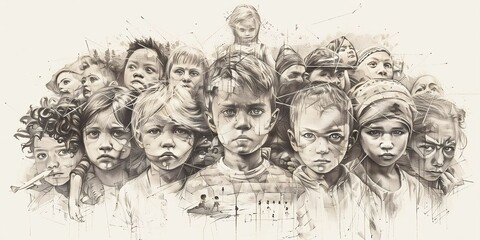 A group of children, each with their own expression, stand together in a monochrome palette, some with bandages, their direct gazes evoking unity and resilience.