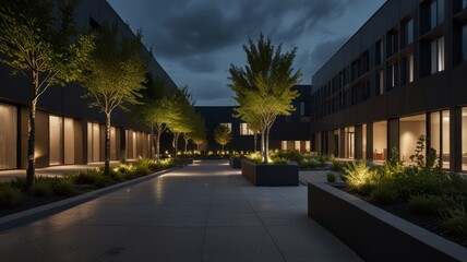 Obraz premium Modern courtyard illuminated at twilight.
