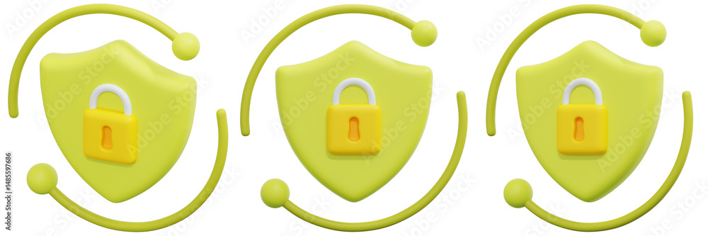 Poster set of yellow 3d shields with padlocks representing digital security 3d render icon illustration