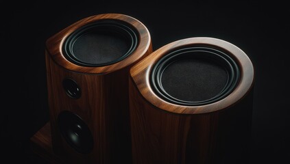 Wooden speaker pair, close-up view of curved enclosures.  Dark, rich wood grain highlights the speaker's design.  Large, round speaker drivers are visible