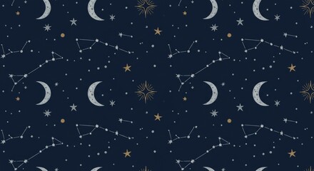Fototapeta premium Celestial Night Sky Pattern Stars Constellations Moons Dark Blue Background Seamless Repeat Design