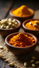 Authentic Indian Spice Collection &ndash; Cardamom, Coriander, Garam Masala in Small Bowls on Rustic Burlap Background