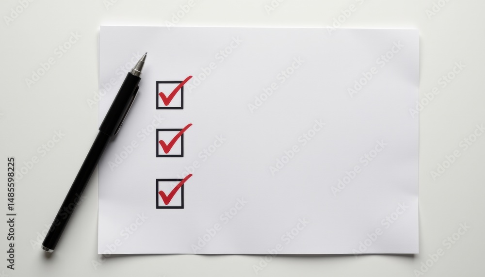 Poster checklist with checked boxes and a pen on a blank paper.