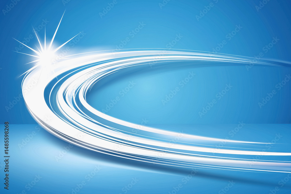 Poster striking blue background featuring elegant white lines simulating a comet trail across the open sky 