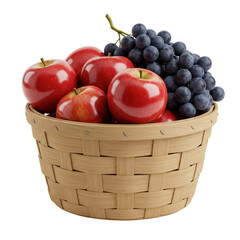 Freshly picked red apples and grapes in a woven basket against a plain background