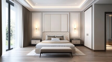 Bedroom with neoclassic structure, modern textures, balanced design, photo lighting