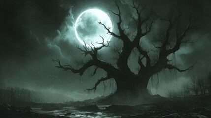 Ancient Weeping Tree Silhouetted Against a Full Moon at Night