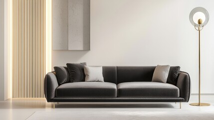 Fototapeta premium Contemporary Hollywood mix, smoke gray velvet sofa, transparent floor lamp, minimal brass accents, soft ambient light, small space