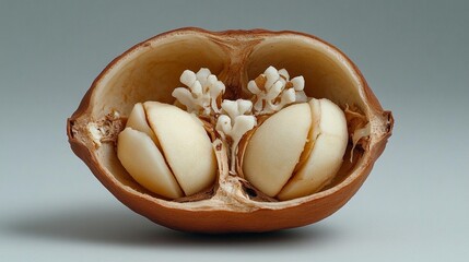 Two ivory seeds nestled within a split brown fruit pod