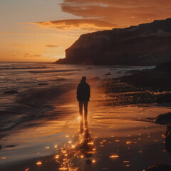 Solitary Figure on Beach at Sunset