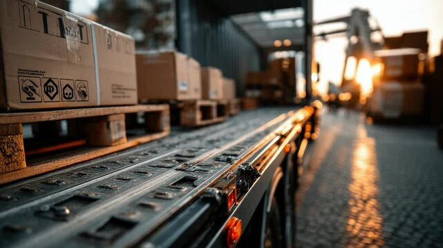 Cargo stacked on pallets glows in sunset light, showcasing busy loading dock