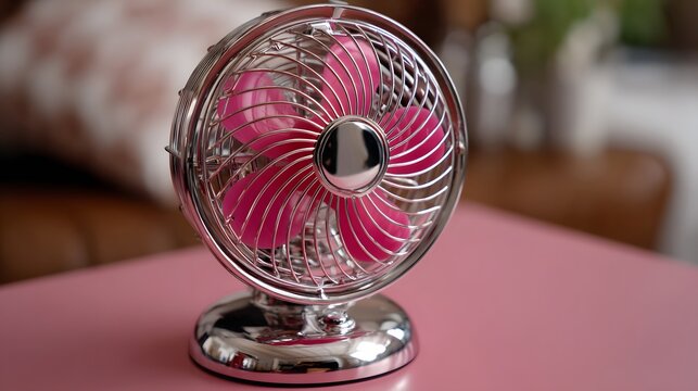 A stylish pink bladed desktop fan with a shiny chrome finish sits on a pink surface, offering a blend of functionality and modern design.