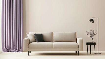 Scandinavian compact living room, taupe sofa, lavender curtain, black side lamp, pastel palette, overcast ambient daylight