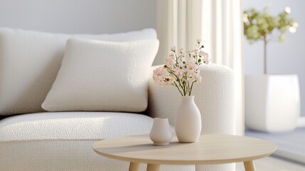 Scandinavian contemporary living room, cream boucle sofa, round side table with small pastel bouquet in ceramic vase, soft evening lighting