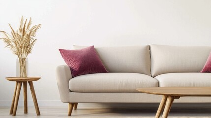 Fototapeta premium Scandinavian lounge, light beige sofa, raspberry pillow, tiny bouquet of dried grass on wood table, warm matte light