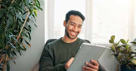 Appointment, sign in and tablet with happy man in waiting room of office for personal information. Application, digital form and smile with person in lobby of spa for session, therapy or wellness