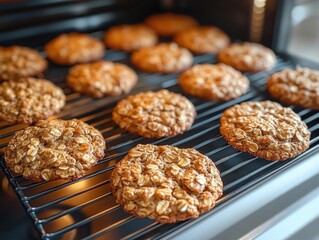 Freshly baked oatmeal cookies cooling on a wire rack in a kitchen setting, showcasing golden brown texture and appetizing warmth