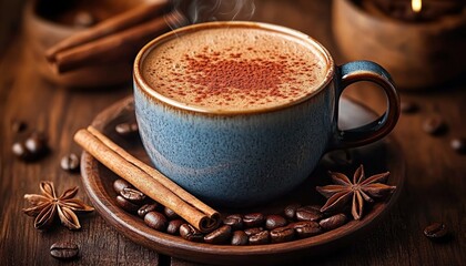 Steaming cup of spiced coffee with cinnamon sticks and star anise on a wooden table surrounded by coffee beans creating a warm and cozy atmosphere