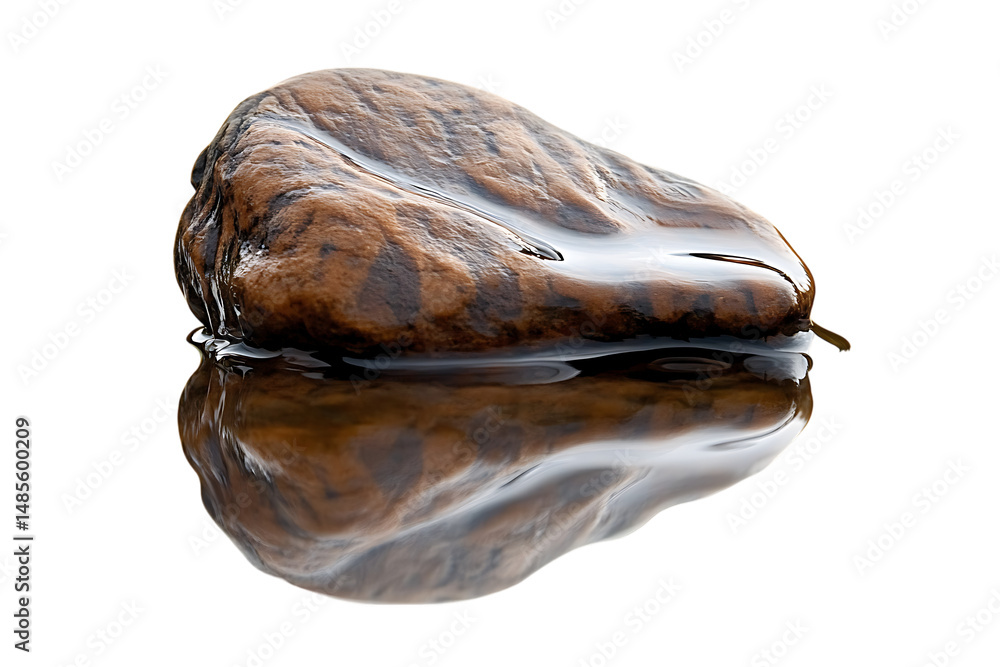 Poster wet brown stone with mottled pattern resting in clear water showing reflection against a transparent