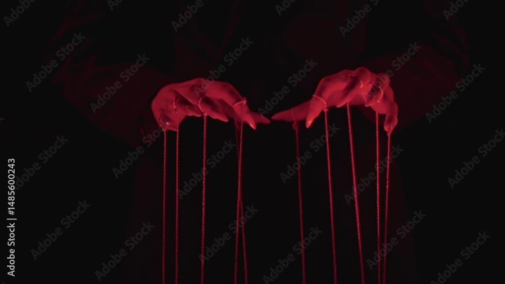 Poster mysterious hands manipulating red strings in dramatic lighting