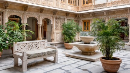 Fototapeta premium Traditional Rajasthani haveli courtyard with marble bench, small fountain, floral carvings and potted palms