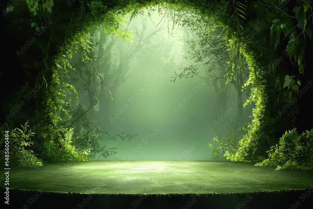 Poster enchanted forest bathed in soft light streaming from above creating a magical atmosphere in illustra
