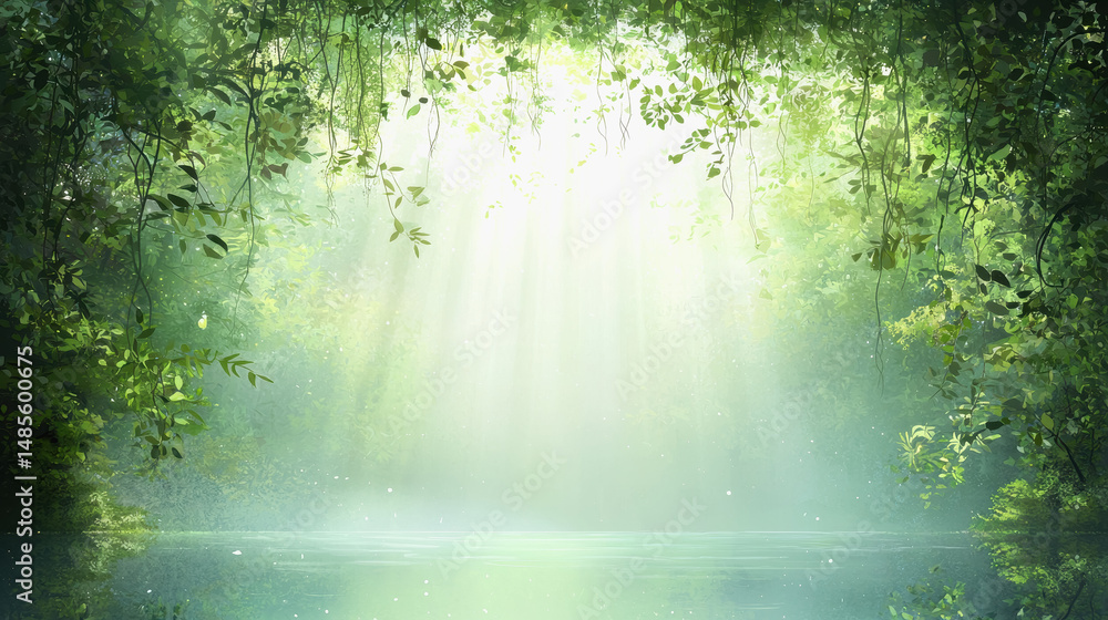 Poster enchanted forest scene with sunlight filtering through lush green trees creating a magical atmospher
