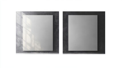 Two blank vertical posters hanging on a dark textured wall with natural sunlight casting window shadows on one side
