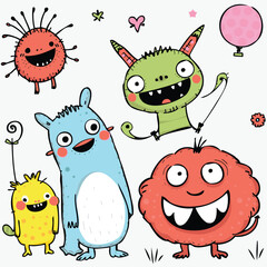 Set of funny and friendly creatures. Vector doodles.