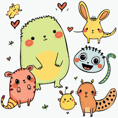 Set of funny and friendly creatures. Vector doodles.