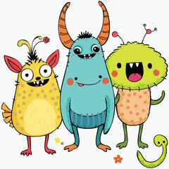 Set of funny and friendly creatures. Vector doodles.