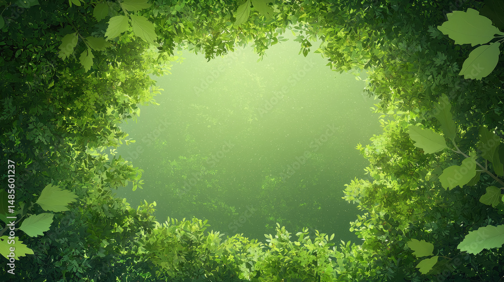Poster tranquil green forest scene with a uniform green background creating a peaceful and refreshing natur