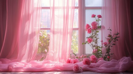 Pink Roses and Sheer Curtains: A Serene Window Scene