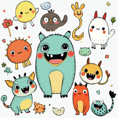 Set of funny and friendly creatures. Vector doodles.