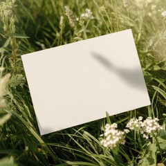 Invitation card mockup surrounded by wildflowers and soft grass under warm daylight. Perfect for romantic outdoor or nature branding scenes.