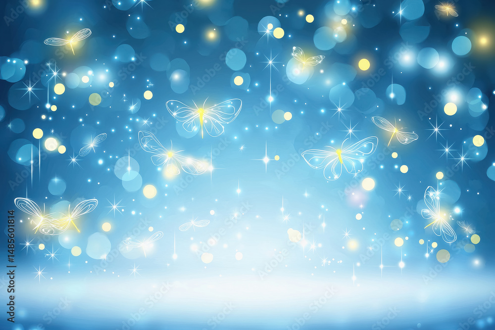 Poster vibrant blue background adorned with colorful butterflies in various sizes creating a lively and che